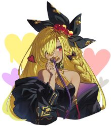 Rule 34 | 1girl, alfnfmd, black nails, blonde hair, bow, braid, breasts, dark-skinned female, dark skin, fingernails, granblue fantasy, hair bow, hair ornament, hair over one eye, halterneck, head tilt, heart, heart hair ornament, helel ben shalem, jacket, jacket partially removed, long hair, looking to the side, pacifier, red eyes, sharp fingernails, side braid, sleeveless, small breasts, solo, tight clothes, upper body