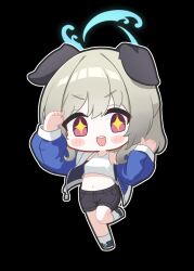 1girl animal_ears black_shoes black_shorts blue_archive blue_halo blue_jacket chibi chibi_only dog_ears full_body grey_hair halo highres jacket jhsd looking_at_viewer medium_hair midriff navel open_clothes open_jacket open_mouth red_eyes shirt shoes shorts socks solo sparkling_eyes teeth umika_(blue_archive) upper_teeth_only white_shirt white_socks