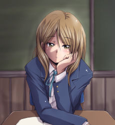 Rule 34 | 1girl, blazer, blush, brown hair, desk, extra, faith (sbi), female focus, head rest, jacket, k-on!, long hair, ribbon, solo, tachibana himeko, yellow eyes