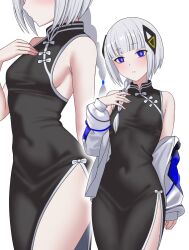1girl alternate_costume arm_at_side bare_shoulders black_dress blue_eyes braid breasts cevio china_dress chinese_clothes covered_navel dress fingernails grey_hair hand_on_own_chest highres jacket kafu_(cevio) kizakura_art navel side_slit sideboob single_braid small_breasts white_hair white_jacket