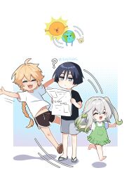 Rule 34 | 1girl, 2boys, ?, absurdres, aether (genshin impact), ahoge, artist name, barefoot, black hair, black shirt, blonde hair, blue eyes, braid, brown shorts, closed eyes, closed mouth, earrings, earth (planet), feet, genshin impact, gradient hair, green hair, green overalls, hair between eyes, hair ornament, highres, holding, holding newspaper, jewelry, julydelic, leaf hair ornament, long hair, midriff, moon, multicolored hair, multiple boys, nahida (genshin impact), navel, newspaper, open mouth, overalls, planet, sandals, scaramouche (genshin impact), shirt, short hair, shorts, sun, t-shirt, toes, wanderer (genshin impact), white background, white hair, white shirt, white shorts