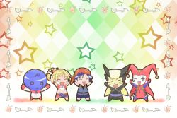 1boy 2girls arms_up belt cape chibi chrono_(series) chrono_cross closed_eyes happy harle_(chrono_cross) hoshi_no_ko kid_(chrono_cross) knife lynx multiple_girls open_mouth parody saki_(manga) serge_(chrono_cross) spacesuit tetu-tuku
