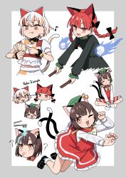1girl ;3 ;d ? absurdres animal_ear_fluff animal_ear_piercing animal_ears arm_up asakura_haru bare_legs blush bow bowtie brown_eyes brown_hair cat_ears cat_tail chen commentary_request crossed_ankles double-parted_bangs earrings fang frills full_body hands_up happy hat highres jewelry long_sleeves looking_up mob_cap multiple_tails multiple_views nail_polish nekomata no_headwear one_eye_closed open_mouth outstretched_arm petticoat puffy_long_sleeves puffy_sleeves red_nails red_skirt red_vest short_hair simple_background single_earring sitting skirt skirt_set slit_pupils smile tail tongue tongue_out touhou two_tails upturned_eyes vest white_background white_bow white_bowtie