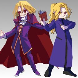 Rule 34 | 2boys, arms at sides, ascot, blonde hair, blood, bloody tears, book, cape, chibi, cross, crucifix, formal clothes, glasses, highres, holding, holding book, long hair, looking at viewer, male focus, melty blood, michael roa valdamjong, michael roa valdamjong (human), multiple boys, open book, open hands, ponytail, priest, red eyes, sharp teeth, teeth, troddenbyakiha, tsukihime, wallachia, white ascot