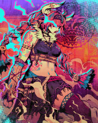 1girl akramness animal_ears body_markings braid commentary cow_ears cow_girl cow_horns genshin_impact hashtag-only_commentary highres horns lips long_hair low_twin_braids midriff multicolored_hair solo standing twin_braids varesa_(genshin_impact)