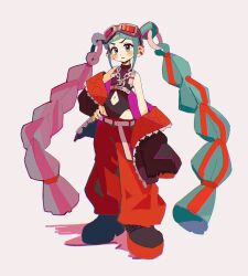 1girl 39 aqua_eyes aqua_hair baggy_pants bare_shoulders belt black_jacket black_leotard blunt_bangs blush_stickers braid chain chain_necklace closed_mouth clothing_cutout commentary ear_piercing eyeshadow full_body goggles goggles_on_head hand_on_own_hip hatsune_miku heattech_leotard highres jacket jewelry leotard long_hair long_sleeves magical_mirai_(vocaloid) magical_mirai_miku magical_mirai_miku_(2023) makeup multicolored_hair navel navel_cutout necklace o-ring off_shoulder open_clothes open_jacket pants piercing quilted_jacket red_eyeshadow red_hair red_pants serious sidelocks simple_background sleeveless solo standing stomach suuroku turtleneck twin_braids twintails vocaloid