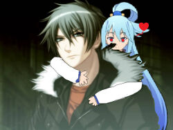 Rule 34 | akira (togainu no chi), aqua (konosuba), couple, heart, heart-shaped pupils, hug, kono subarashii sekai ni shukufuku wo!, symbol-shaped pupils, togainu no chi