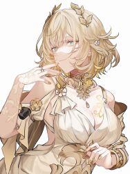 Rule 34 | 1girl, aglaea (honkai: star rail), ancient greek clothes, blonde hair, breast tattoo, breasts, cleavage, dress, fz7047, gold tattoo, greco-roman clothes, green eyes, highres, honkai: star rail, honkai (series), jewelry, large breasts, laurel crown, ring, short hair, simple background, smile, solo, tattoo, upper body, white background, white dress