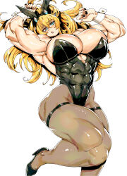 1girl abs animal_ears bare_shoulders barghest_(fate) biceps black_leotard blonde_hair blush breasts cleavage covered_navel fake_animal_ears fate/grand_order fate_(series) green_eyes high_heels highres horns huge_breasts leotard long_hair looking_at_viewer minew muscular muscular_female pantyhose playboy_bunny rabbit_ears solo thick_thighs thighs wrist_cuffs