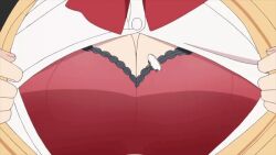 2girls accidental_exposure animated animated_gif anime_screenshot assisted_exposure bouncing_breasts bow bowtie bra breast_focus breasts cape cleavage large_breasts mask multiple_girls orange_hair red_bra saki-chan_(tejina_senpai) tejina_senpai tejina_senpai_(series) underwear undressing view_between_breasts
