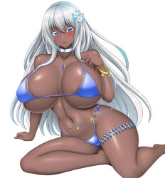 1girl bikini blue_eyes breasts choker cleavage curvy dark-skinned_female dark_skin highres huge_breasts long_hair looking_at_viewer navel original plump rough_(riferio) side-tie_bikini_bottom smile solo swimsuit white_choker white_hair