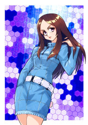 1girl belt blue_background blue_dress border brown_hair commission cowboy_shot denim denim_dress dress hand_in_own_hair hand_in_pocket highres honeycomb_(pattern) honeycomb_background long_hair numbered pixiv_commission purple_background saika_(pixiv43370196) shin_megami_tensei shin_megami_tensei_iii:_nocturne signature solo tachibana_chiaki_(megami_tensei)