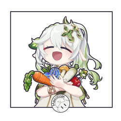 1girl :d ^_^ apple bracelet carrot carrying closed_eyes commentary detached_sleeves english_commentary flower food fruit genshin_impact gradient_hair grey_hair hair_between_eyes hair_ornament jewelry long_hair looking_at_viewer masollyn multicolored_hair mushroom nahida_(genshin_impact) open_mouth pointy_ears radish short_sleeves side_ponytail sidelocks simple_background smile solo white_background