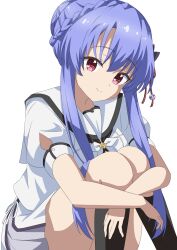 Rule 34 | 1girl, absurdres, black bow, black socks, blue hair, bow, braid, closed mouth, commentary request, crown braid, feet out of frame, hair between eyes, hair bow, hair bun, hair ribbon, highres, hugging own legs, kneehighs, long hair, looking at viewer, miniskirt, puffy short sleeves, puffy sleeves, red eyes, red ribbon, ribbon, ringed eyes, sailor collar, school uniform, seihoku, serafuku, shirt, short sleeves, sidelocks, simple background, single hair bun, sitting, skirt, smile, socks, solo, sorakado ao, split mouth, straight hair, summer pockets, summer pockets school uniform, very long hair, white background, white sailor collar, white serafuku, white shirt, white skirt