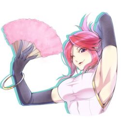 Rule 34 | 1girl, akatsuki blitzkampf, armpits, asian, bracelet, breasts, china dress, chinese clothes, dress, elbow gloves, en-eins kanzen sekai, gloves, hand fan, happy, holding, holding fan, jewelry, large breasts, latex, latex gloves, looking at viewer, marilyn sue dajie, one eye closed, rai mugi, short twintails, twintails
