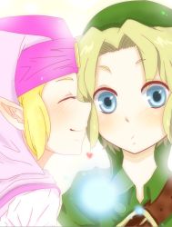 1boy 1girl bad_id bad_pixiv_id blonde_hair blue_eyes blush fairy hat link navi nintendo pointy_ears princess_zelda smile the_legend_of_zelda the_legend_of_zelda:_ocarina_of_time young_link young_zelda aged_down