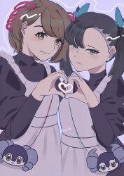 2girls absurdres alternate_costume apron aqua_eyes asymmetrical_bangs black_dress black_hair blue_ribbon brown_eyes brown_hair closed_mouth dress eyelashes frown furrowed_brow gen_8_pokemon gloria_(pokemon) hair_ribbon hand_up heart heart_hands heart_hands_duo heart_in_heart_hands highres indeedee indeedee_(female) indeedee_(male) juliet_sleeves long_sleeves maid_apron marnie_(pokemon) multiple_girls nintendo pink_ribbon pokemon pokemon_(creature) pokemon_swsh puffy_sleeves purple_background ribbon short_hair smile star_dr0p swept_bangs turtleneck turtleneck_dress twintails twitter_username white_apron