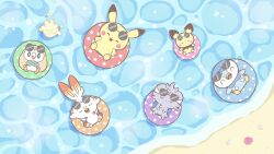 :d ^_^ afloat closed_eyes commentary_request day espurr from_above gen_1_pokemon gen_2_pokemon gen_4_pokemon gen_6_pokemon gen_7_pokemon gen_8_pokemon highres innertube marine_day milcery nintendo official_art open_mouth outdoors pichu pikachu piplup pokemon polka_dot_innertube round_eyewear rowlet sand scorbunny seashell shell shore smile sunglasses swim_ring u_u water