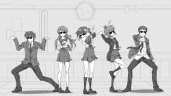 2boys 3girls armband asahina_mikuru blazer cardigan clenched_hand closed_mouth commentary dab_(dance) english_commentary greyscale hair_ribbon hairband hands_up highres jacket kita_high_school_uniform kneehighs koizumi_itsuki kyon long_hair long_sleeves meme monochrome multiple_boys multiple_girls nagato_yuki open_cardigan open_clothes open_jacket pants parody ribbon sailor_collar school_uniform serafuku shirt shoes short_hair skirt socks standing sunglasses suzumiya_haruhi suzumiya_haruhi_no_yuuutsu tanny_v untucked_shirt