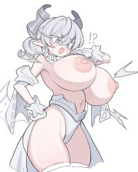 Rule 34 | !?, 1girl, artist request, breasts, curvy, exploding clothes, grey eyes, grey hair, horns, huge breasts, large nipples, lovely labrynth of the silver castle, navel, ojou-sama pose, pale skin, plump, puffy nipples, solo, surprised, thick thighs, thighs, wardrobe malfunction, white background, white hair, yu-gi-oh!