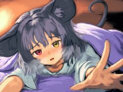 1girl absurdres animal_ear_fluff animal_ears blush breasts flandzen grey_hair heterochromia highres long_sleeves looking_at_viewer mouse_ears mouse_tail nazrin on_bed pov red_eyes short_hair small_breasts solo tail touhou yellow_eyes