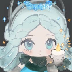 Rule 34 | 1girl, aqua hair, bare shoulders, black background, black bow, black dress, black gloves, blue dress, blue eyes, bow, braid, candle, character request, chibi, chinese commentary, commentary request, dress, eyelashes, fafo shucaitang, fire, gloves, half up half down braid, highres, holding, holding candle, ice, light blush, long hair, looking at viewer, nikki (series), open mouth, photo-referenced, simple background, solo, sparkle, strapless, strapless dress, teardrop, tsurime, two-tone dress, very long hair