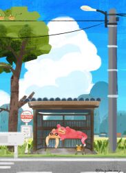 5others absurdres blue_sky bus_stop bus_stop_sign closed_eyes closed_mouth cloud cloudy_sky crosswalk dedenne gen_1_pokemon gen_3_pokemon gen_6_pokemon grass haguremay highres hill house lamppost lying multiple_others nintendo on_stomach open_mouth pokemon pokemon_(creature) road sky slakoth sleeping sleeping_on_pokemon sleeping_upright slowpoke tree twitter_username utility_pole