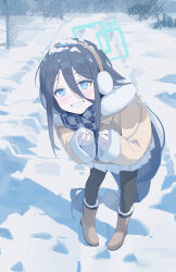 1girl absurdly_long_hair absurdres aqua_eyes aqua_halo aris_(blue_archive) black_pantyhose blue_archive blue_scarf blush boots brown_boots brown_coat brown_hairband chinese_commentary clenched_hands coat commentary_request double-parted_bangs earmuffs fanshuimucishen fingernails footprints full_body fur-trimmed_boots fur-trimmed_coat fur-trimmed_sleeves fur_trim grey_hair grin hair_between_eyes hairband halo hands_up highres leaning_forward long_bangs long_hair long_hair_between_eyes long_sleeves looking_at_viewer low-braided_long_hair low-tied_long_hair miniskirt official_alternate_costume official_alternate_hairstyle outdoors pantyhose partial_commentary pigeon-toed plaid_clothes plaid_scarf pleated_skirt rectangular_halo ringed_eyes scarf shadow sidelocks skirt sleeves_past_wrists smile snow snow_on_head solo standing very_long_hair white_skirt wide_sleeves winter winter_clothes winter_coat