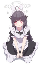 1girl absurdres ahoge alternate_costume apron black_dress black_hair blue_archive blunt_bangs blush closed_mouth dress enmaided frilled_apron frilled_dress frills full_body halo headgear highres looking_at_viewer maid maid_apron maid_headdress miyu_(blue_archive) pantyhose pn_(wnsl216) puffy_short_sleeves puffy_sleeves red_eyes shadow short_sleeves sitting solo wariza white_apron white_background white_pantyhose