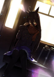 1girl absurdres ahoge animal_ears bag black_coat black_hair blush coat ear_tag earrings frilled_skirt frills gorioshi0802 hair_between_eyes hand_up highres horse_ears horse_girl horse_tail jewelry light_rays long_bangs long_hair long_hair_between_eyes long_sleeves looking_at_viewer manhattan_cafe_(umamusume) multicolored_hair plaid_clothes plaid_scarf pleated_skirt purple_skirt red_eyes scarf school_bag school_uniform single_earring sitting skirt solo tail tracen_school_uniform train_interior umamusume very_long_hair white_hair winter_uniform yellow_eyes