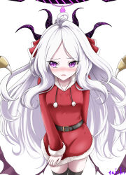 Rule 34 | absurdres, ahoge, black halo, blue archive, blush, breasts, demon girl, demon horns, demon wings, halo, highres, hina (blue archive), horns, long hair, purple eyes, santa costume, simple background, small breasts, standing, taichi8882, very long hair, white background, white hair, wings