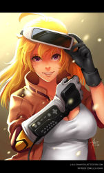 1girl 2018 adjusting_goggles alternate_costume black_gloves blonde_hair breasts cleavage dated female_focus gloves goggles goggles_on_head head-mounted_display highres jacket letterboxed long_hair lulu-chan92 nintendo power_glove prosthesis prosthetic_arm purple_eyes ready_player_one rwby smile solo watermark web_address yang_xiao_long