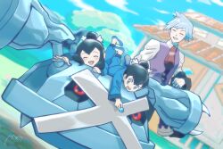 1girl 2boys :d blue_eyes blue_jacket blue_pants blue_shoes blurry blurry_background brother_and_sister building closed_eyes cloud collared_shirt commentary_request day gen_3_pokemon highres hyano9119 jacket liza_(pokemon) lying metagross multiple_boys necktie nintendo on_stomach open_mouth outdoors pants pokemon pokemon_(creature) pokemon_oras purple_vest red_necktie riding riding_pokemon shirt shoes short_hair siblings signature sky smile steven_stone tate_(pokemon) vest