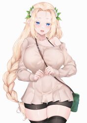 1girl absurdres bag between_breasts bike_shorts black_shorts black_thighhighs blonde_hair breasts character_request collarbone commentary commission copyright_request deogho_(liujinzy9854) dress elf english_commentary flower green_bag grey_dress hair_flower hair_ornament hair_ribbon handbag highres large_breasts long_braid long_hair open_mouth pleated_dress pointy_ears ribbon rose shorts single_bare_shoulder solo thigh_gap thighhighs white_flower white_ribbon white_rose