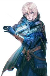 1girl blonde_hair cape duchess_(elden_ring) elden_ring elden_ring_nightreign gloves highres holding holding_weapon knife long_hair mask rashuu simple_background solo weapon