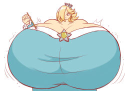 Rule 34 | 1girl, bare shoulders, blonde hair, blue eyes, breasts, cleavage, crown, dress, earrings, female focus, gigantic breasts, hair over one eye, highres, jewelry, long hair, mario (series), nintendo, off-shoulder dress, off shoulder, rosalina, solo, star (symbol), super mario galaxy, thesanstorm, wand