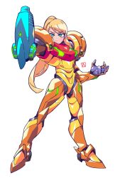 Rule 34 | 1girl, absurdres, arm cannon, arm up, armor, blonde hair, blue eyes, claw pose, commentary, frown, hamma, high ponytail, highres, korean commentary, long hair, looking at viewer, metroid, mole, mole under mouth, nintendo, no headwear, ponytail, power armor, power suit (metroid), samus aran, simple background, solo, varia suit, very long hair, weapon, white background