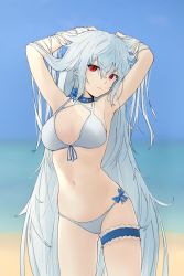 1girl arknights armpits arms_up beach bikini blue_choker blurry blurry_background breasts chinese_commentary choker cleavage commentary_request cowboy_shot criss-cross_halter hair_between_eyes halterneck hands_in_own_hair head_tilt highres long_hair medium_breasts navel ocean official_alternate_costume parted_lips partial_commentary pu_ht red_eyes shorts silver_hair skadi_(arknights) solo stomach swimsuit thigh_strap very_long_hair white_bikini