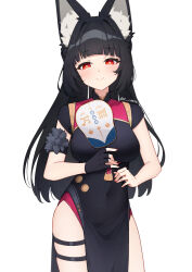 1girl animal_ear_fluff animal_ears black_dress black_gloves black_hair breasts bright_pupils closed_mouth commentary cosplay covered_navel cowboy_shot dress fingerless_gloves fox_ears fox_girl gloves hand_fan holding holding_fan hoshimi_miyabi large_breasts light_blush long_hair looking_at_viewer pelvic_curtain red_eyes simple_background single_fingerless_glove smile solo sweety_(zenless_zone_zero) sweety_(zenless_zone_zero)_(cosplay) thighs tuanshan twitter_username white_background white_pupils xsan_vanny zenless_zone_zero
