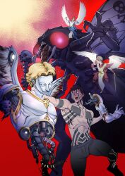 4boys absurdres aghoby android angel angel_wings beelzebub_(megami_tensei) black_hair black_shorts blonde_hair body_markings bug cross cross_print demi-fiend demon_(megami_tensei) fangs feathered_wings fly flying full-body_tattoo glowing glowing_eyes glowing_tattoo highres holding holding_staff holding_sword holding_weapon insect insect_wings mandibles mechabare mechanical_arms metatron_(megami_tensei) monster multiple_boys neck_grab open_mouth raphael_(megami_tensei) red_background red_eyes shin_megami_tensei shin_megami_tensei_iii:_nocturne short_hair shorts simple_background single_mechanical_arm staff sword tabard tattoo topless_male torn_wings uriel_(megami_tensei) weapon white_eyes wings