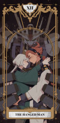2girls ahoge asticassia_school_uniform baduk_dog card_(medium) closed_eyes commentary_request english_text gundam gundam_aerial gundam_suisei_no_majo hairband highres hug korean_commentary long_hair looking_at_another miorine_rembran multiple_girls ponytail red_hair school_uniform suletta_mercury tarot tarot_(medium) the_hanged_man_(tarot) thick_eyebrows white_hair yuri