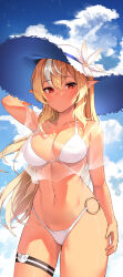 1girl absurdres bikini blonde_hair blush breasts cleavage cloud collarbone elf flower hat hat_flower highres hololive large_breasts lessone long_hair looking_at_viewer multicolored_hair navel o-ring o-ring_bikini outdoors pointy_ears red_eyes see-through_clothes shiranui_flare sidelocks sky solo streaked_hair sun_hat swimsuit thighs virtual_youtuber white_bikini white_hair