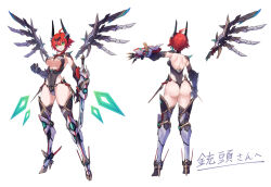 1girl ahoge armored_boots ass boots breasts cleavage clenched_hand commission covered_navel detached_wings full_body gauntlets gloves green_eyes high_heels horns large_breasts leotard looking_at_viewer mecha_musume mechanical_wings multiple_views original red_hair reference_sheet rou_senka short_hair simple_background skeb_commission smile thigh_boots thighhighs white_background wings