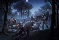 6+boys american_civil_war backpack bag building cthulhu_mythos cthulhu_wars darren_tan death eating fighting forest gun holding holding_sword holding_weapon hut lying monster multiple_boys musket nature night on_back soldier sword tree weapon