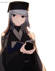 1girl absurdres black_eyes black_hair black_hat black_kimono blunt_bangs breasts chajinbou cup fate/grand_order fate_(series) gradient_hair grey_hair hat highres house_tag_denim japanese_clothes kimono long_sleeves looking_at_viewer medium_hair multicolored_hair sash sen_no_rikyu_(fate) sen_no_rikyu_(second_ascension)_(fate) small_breasts solo tassel wide_sleeves yunomi