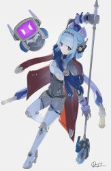 Rule 34 | 1girl, absurdres, android, blue cape, blue eyes, blue hair, cape, full body, genshin impact, grey background, highres, holding, holding polearm, holding weapon, ineffa (genshin impact), joints, looking at viewer, medium hair, polearm, red cape, robot, robot ears, robot girl, robot joints, sidelocks, simple background, solo, standing, standing on one leg, two-sided cape, two-sided fabric, weapon, zeroartwo