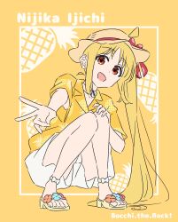 1girl ahoge blonde_hair bocchi_the_rock! bow detached_ahoge full_body hat hat_bow highres ijichi_nijika long_hair mayo_(oekaki_bibbi) red_eyes side_ponytail solo squatting v