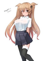 1girl absurdres arms_behind_back asymmetrical_legwear black_pantyhose black_skirt black_thighhighs breasts brown_eyes brown_hair collared_shirt dated dress_shirt feet_out_of_frame garter_straps heterochromia highres kantai_collection large_breasts maru_(marg0613) murasame_(kancolle) murasame_kai_ni_(kancolle) one-hour_drawing_challenge pantyhose red_eyes shirt short_sleeves simple_background single_leg_pantyhose single_thighhigh skirt solo standing thighhighs twitter_username two_side_up white_background white_shirt