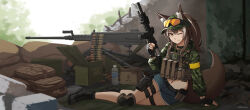 1girl ;) absurdres animal_ear_fluff animal_ears baseball_cap black_boots black_gloves blue_shorts boots brown_eyes brown_hair browning_m2 callisto_(greyeth) camouflage camouflage_headwear camouflage_jacket closed_mouth commentary commission cropped_jacket day denim denim_shorts ears_through_headwear english_commentary fingerless_gloves fox_ears fox_girl fox_tail gloves goggles goggles_on_headwear green_hat green_jacket grey_hair gun hat heavy_machine_gun highres holding holding_gun holding_weapon jacket lace-up_boots long_sleeves looking_at_viewer machine_gun midriff multicolored_hair navel ndtwofives one_eye_closed original outdoors puffy_long_sleeves puffy_sleeves rebar ruins shorts sig_mpx smile solo streaked_hair submachine_gun tail trigger_discipline weapon