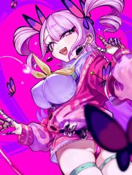 1girl belt black_belt bombergirl breasts butterfly-shaped_pupils butterfly_belt_buckle butterfly_hair_ornament chase_chase_jokers claws drill_hair ear_piercing earrings from_behind hair_ornament half-closed_eye heart heart_earrings highres jacket jewelry kusogaki115 large_breasts long_hair long_sleeves looking_back moa_chiamo neckerchief open_clothes open_jacket open_mouth panties pantyshot piercing pink_jacket pink_thong purple_eyes purple_hair solo symbol-shaped_pupils teeth thigh_strap thong tongue twin_drills underwear upper_teeth_only very_long_hair yellow_neckerchief